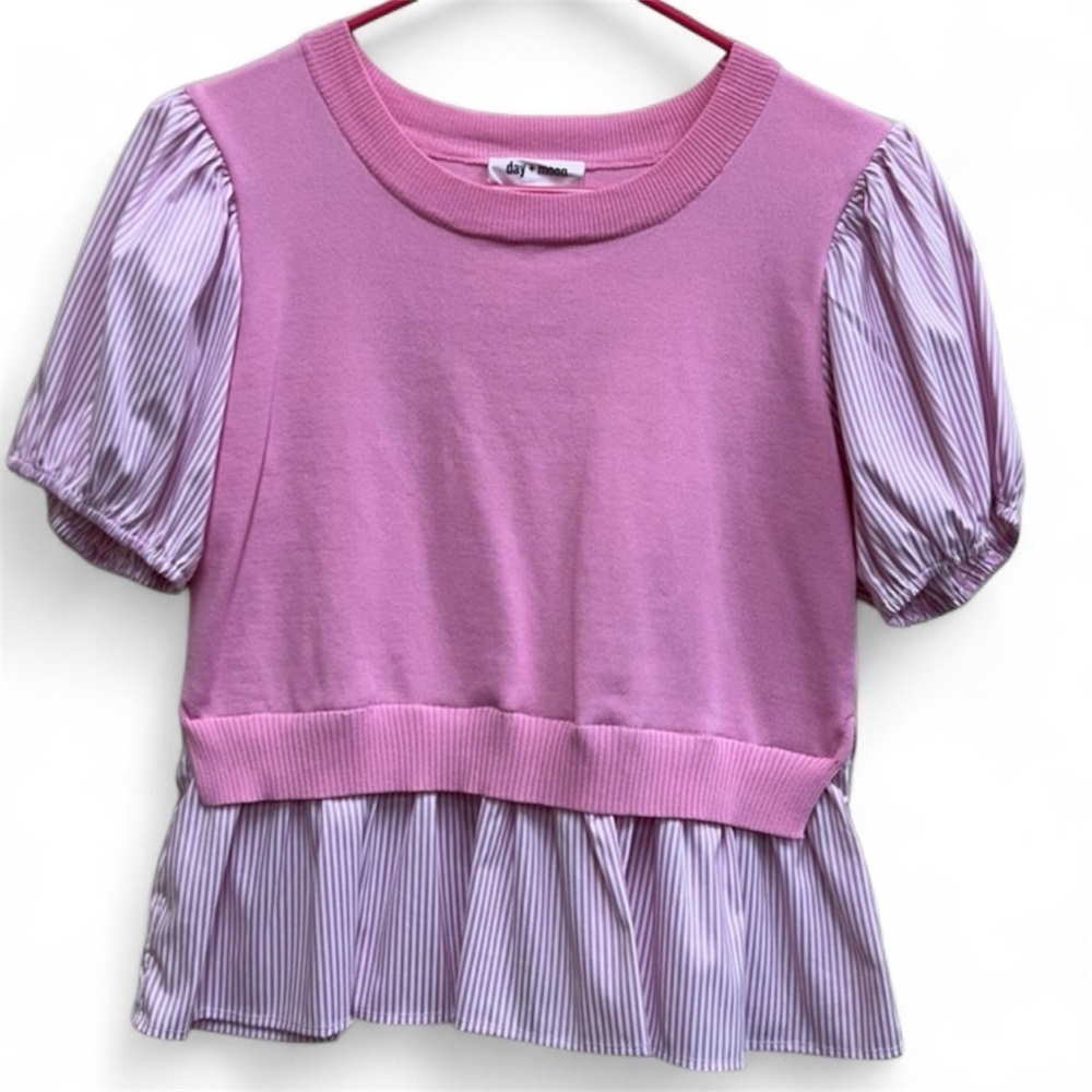 Pink Striped Women's Blouse day + moon Ruffle Sleeve       Size: M